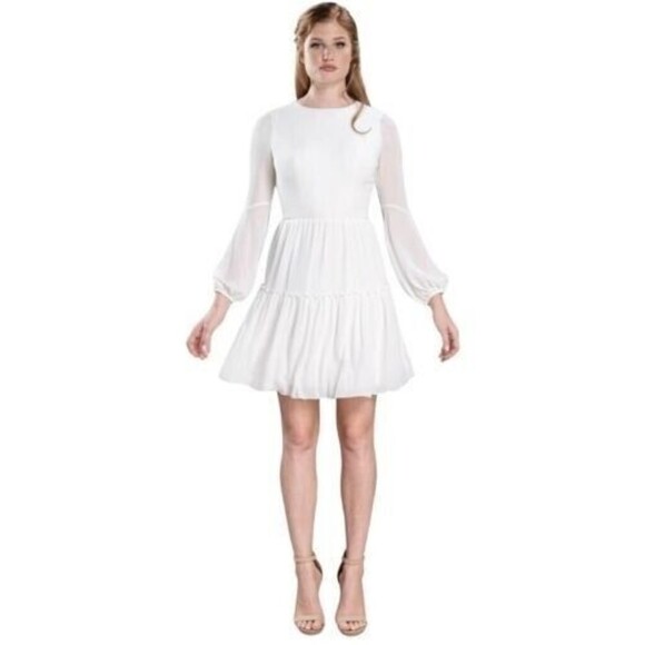 Dress the Population Paola Black Chiffon Mini Dress Blouson Sleeve Tiered NWT - Picture 3 of 15